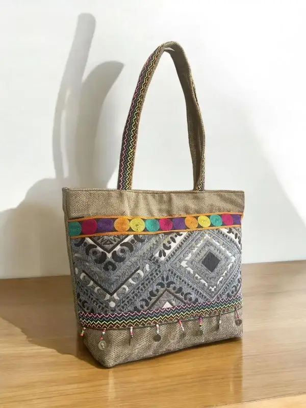 Handmade Geometric Hemp & Burlap Tote Bag with Beaded Tassels - Image 2