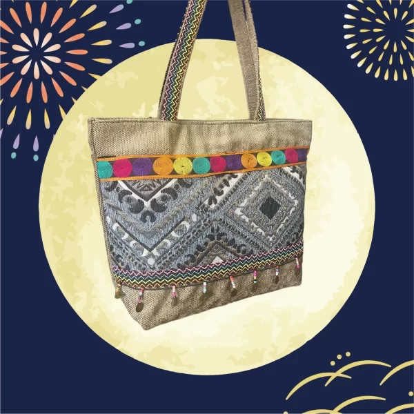 Handmade Geometric Hemp & Burlap Tote Bag with Beaded Tassels - Image 4