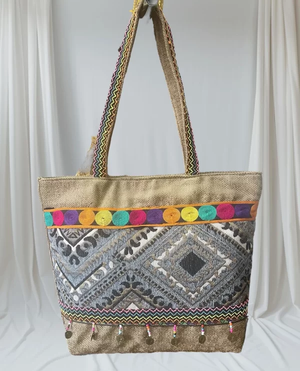 Handmade Geometric Hemp & Burlap Tote Bag with Beaded Tassels - Image 6