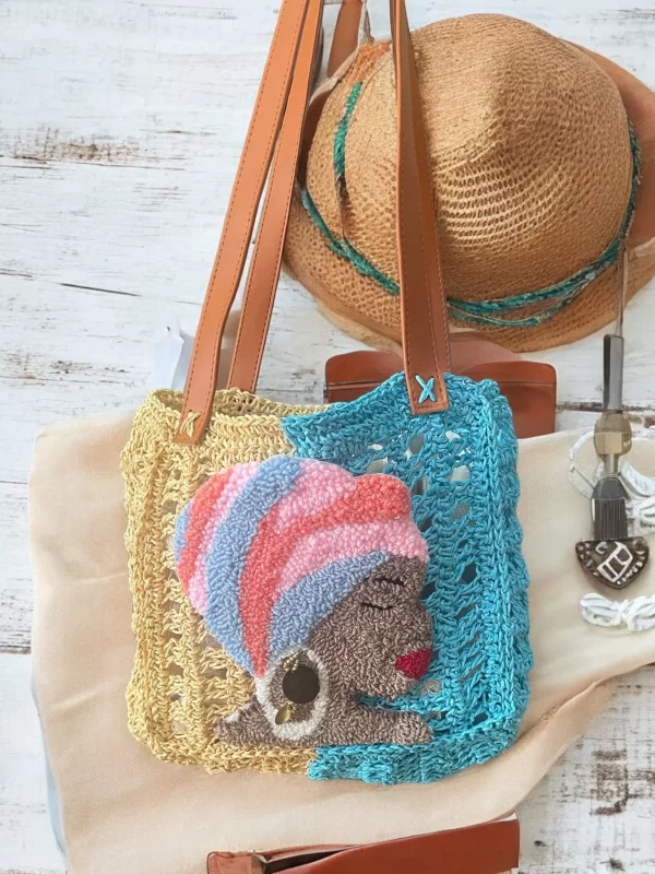 Half Cream & Aqua Handmade Crochet Bag with African Woman Punch Needle Design - Image 5