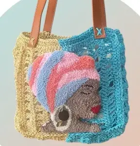 Half Cream & Aqua Handmade Crochet Bag with African Woman Punch Needle Design