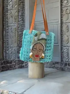 Handmade Aqua Crochet Bag with African Woman Design