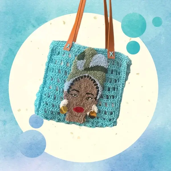 Handmade Aqua Crochet Bag with African Woman Design - Image 3