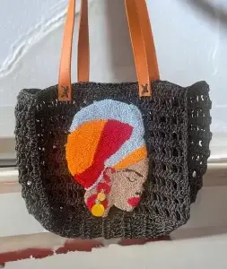Handmade Black Crochet Bag with Vibrant African Woman Punch Needle Design