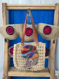 Handmade Beige Crochet Bag with Colorful African Woman Punch Needle Design