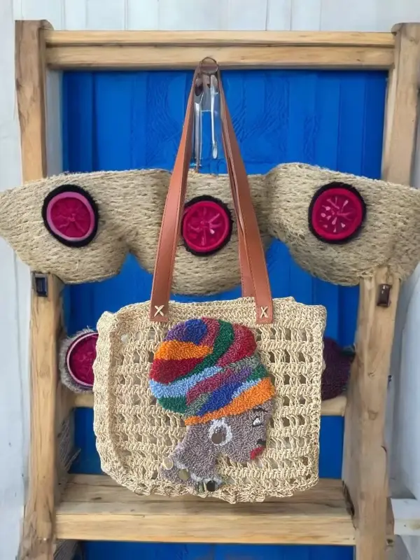 Handmade Beige Crochet Bag with Colorful African Woman Punch Needle Design - Image 2