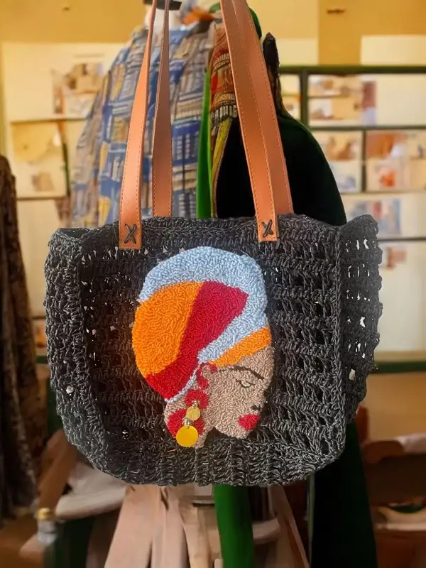 Handmade Black Crochet Bag with Vibrant African Woman Punch Needle Design - Image 6
