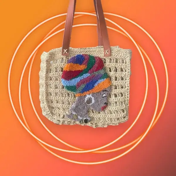 Handmade Beige Crochet Bag with Colorful African Woman Punch Needle Design - Image 4