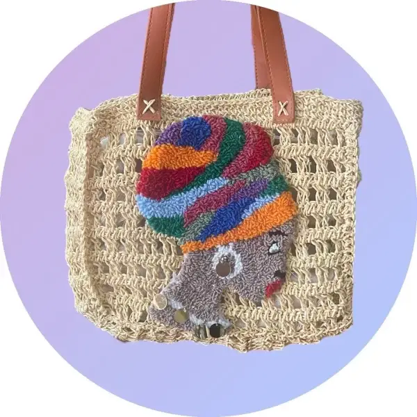 Handmade Beige Crochet Bag with Colorful African Woman Punch Needle Design - Image 3