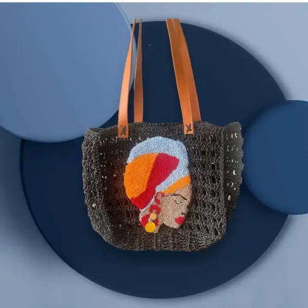 Handmade Black Crochet Bag with Vibrant African Woman Punch Needle Design - Image 3