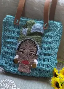 Handmade Aqua Crochet Bag with African Woman Design