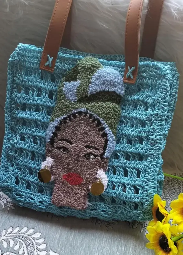Handmade Aqua Crochet Bag with African Woman Design