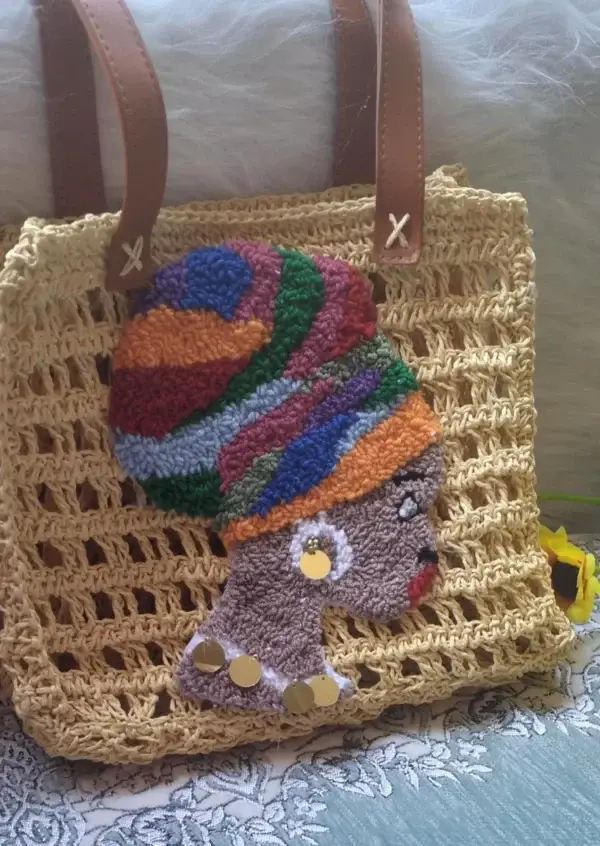 Handmade Beige Crochet Bag with Colorful African Woman Punch Needle Design