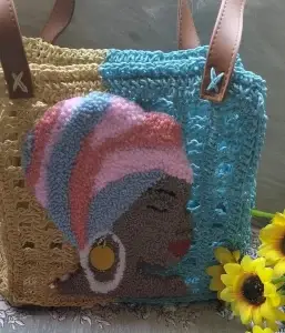 Half Cream & Aqua Handmade Crochet Bag with African Woman Punch Needle Design