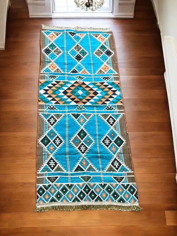 Egyptian Bedouin Kilim Rug - Turquoise Geometric Design - Image 5