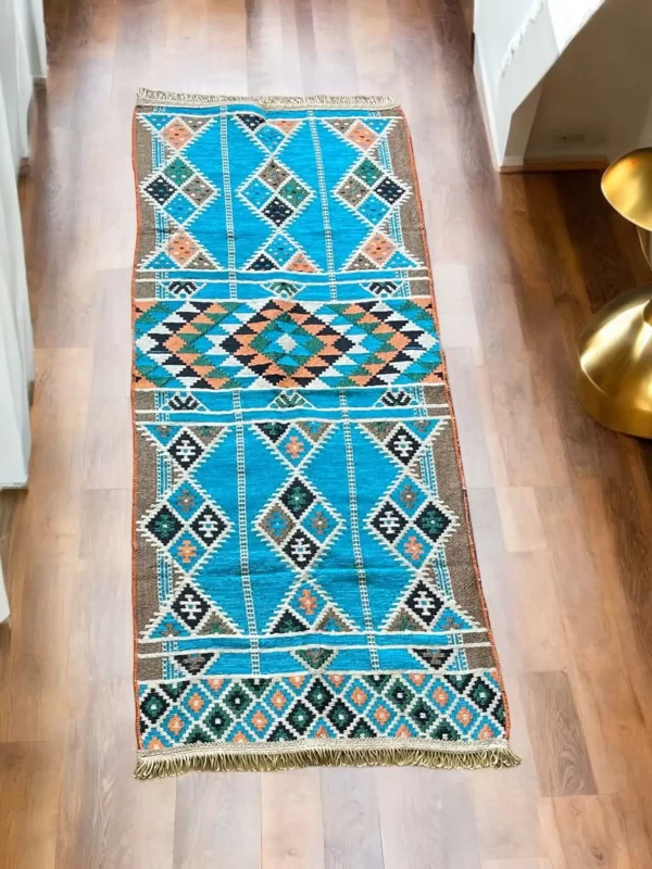 Egyptian Bedouin Kilim Rug - Turquoise Geometric Design - Image 6