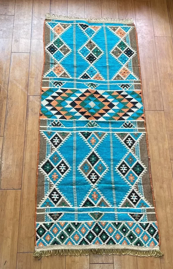 Egyptian Bedouin Kilim Rug - Turquoise Geometric Design