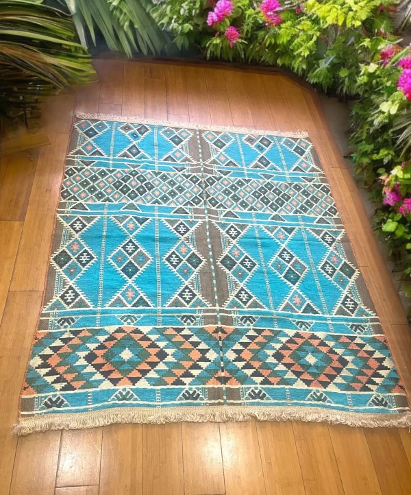Egyptian Bedouin Kilim Rug - Turquoise Geometric Design - Image 4