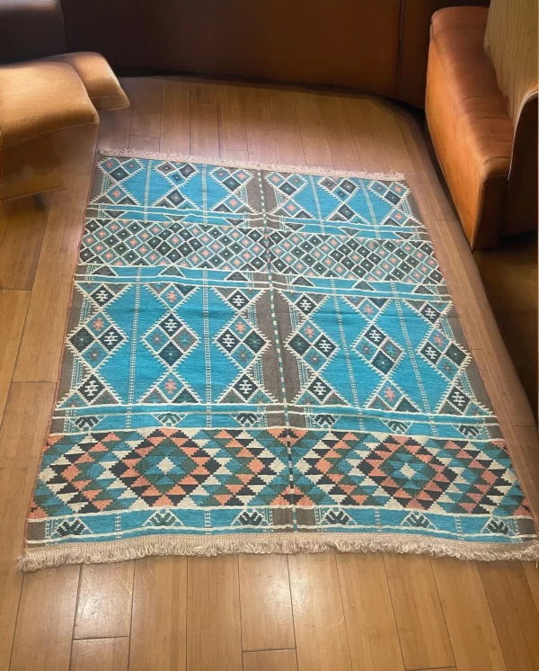 Egyptian Bedouin Kilim Rug - Turquoise Geometric Design - Image 5