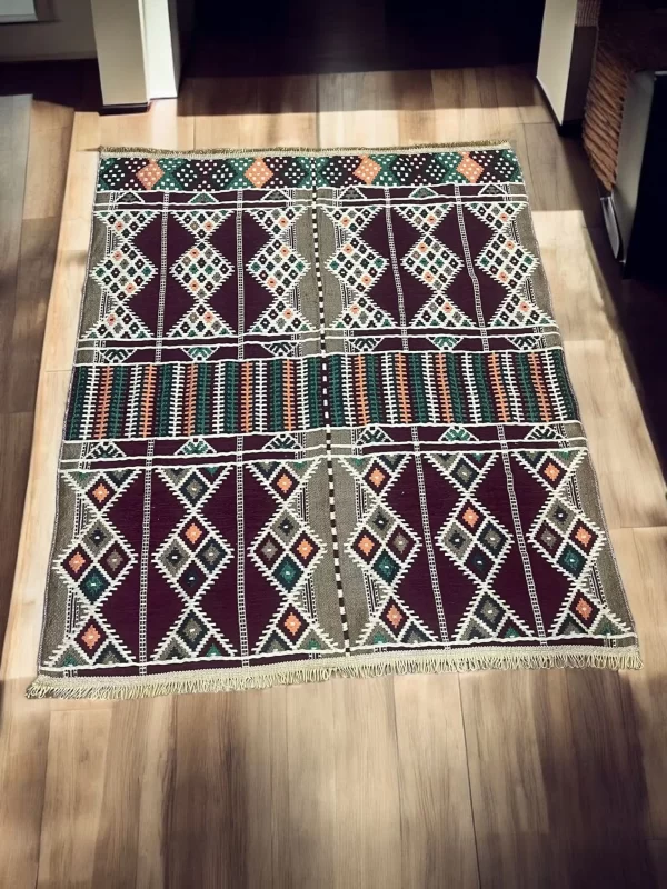 Egyptian Bedouin Kilim Rug - Deep Burgundy Geometric Design - Image 4
