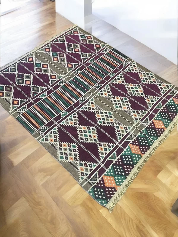 Egyptian Bedouin Kilim Rug - Deep Burgundy Geometric Design - Image 5