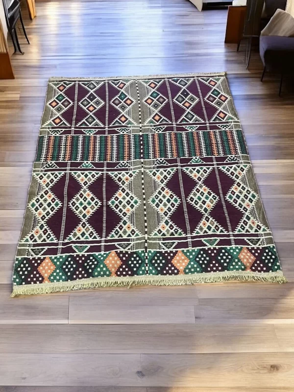 Egyptian Bedouin Kilim Rug - Deep Burgundy Geometric Design - Image 7