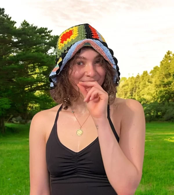 Handmade Crochet Bucket Hat for Women - Multicolor Plaid Design - Image 7