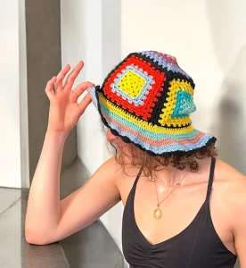 Handmade Crochet Bucket Hat for Women - Multicolor Plaid Design