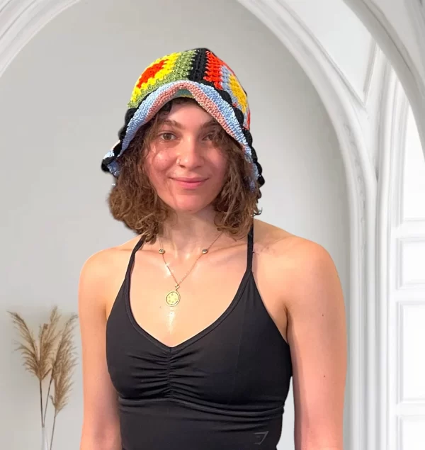 Handmade Crochet Bucket Hat for Women - Multicolor Plaid Design - Image 6