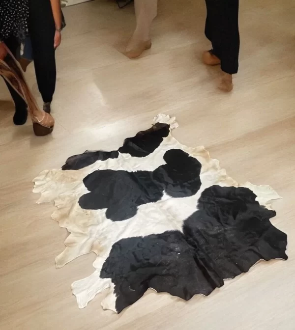 Authentic Egyptian Cowhide Rug in Black, White, and Dust of Brown - Image 3