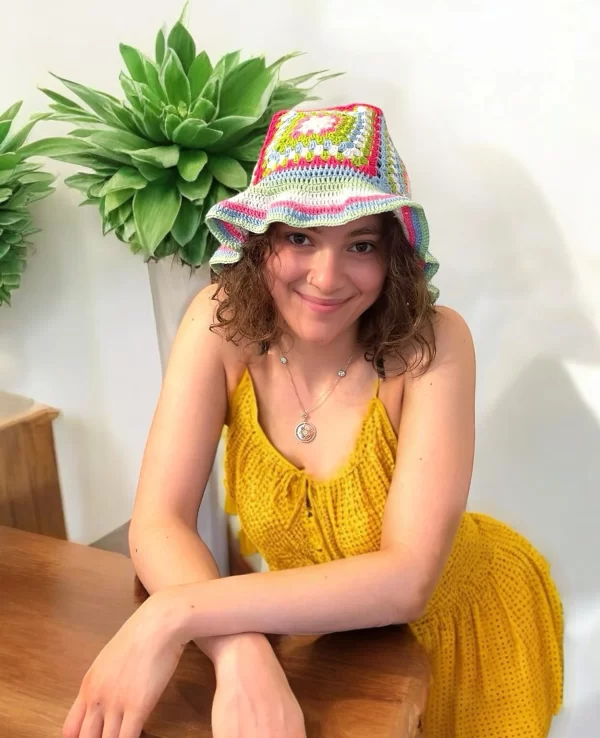 Handmade Crochet Floral Bucket Hat  - Vibrant Plaid Design - Image 4