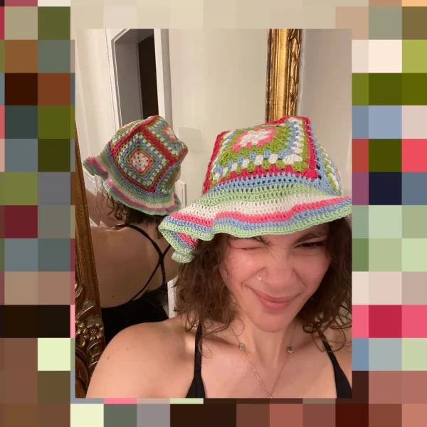 Handmade Crochet Floral Bucket Hat  - Vibrant Plaid Design - Image 3
