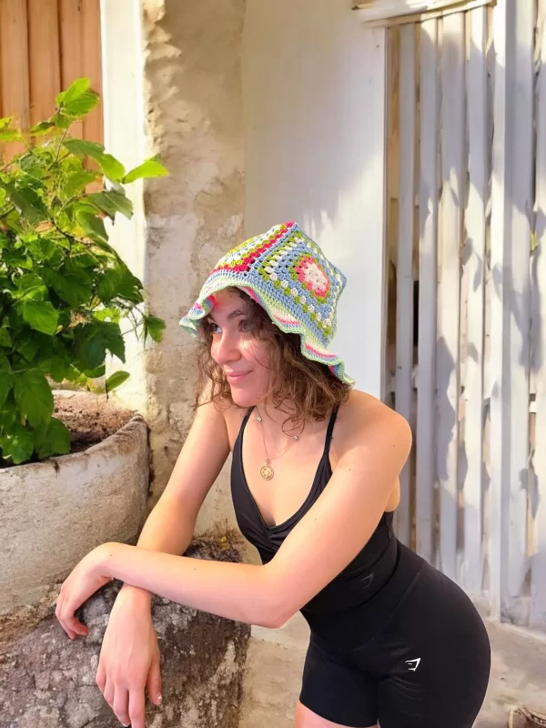 Handmade Crochet Floral Bucket Hat  - Vibrant Plaid Design - Image 5