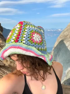 Handmade Crochet Floral Bucket Hat  - Vibrant Plaid Design