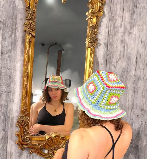Handmade Crochet Floral Bucket Hat  - Vibrant Plaid Design - Image 6