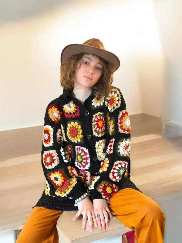 Handmade Granny Square Patchwork Wool Coat - Long Crochet Cardigan - Image 4