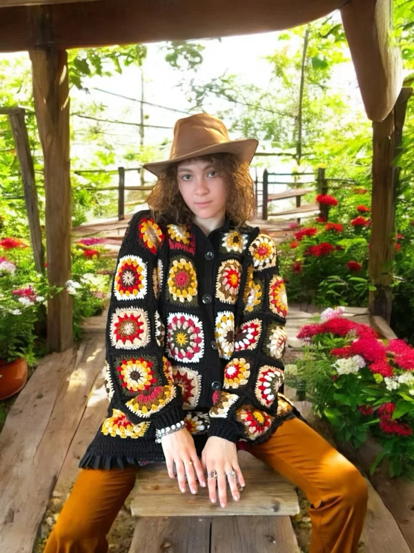 Handmade Granny Square Patchwork Wool Coat - Long Crochet Cardigan - Image 3