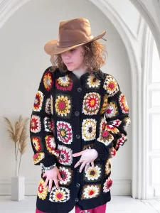 Handmade Granny Square Patchwork Wool Coat - Long Crochet Cardigan