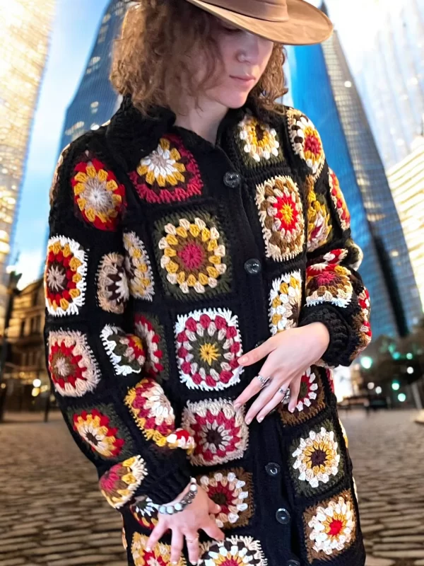 Handmade Granny Square Patchwork Wool Coat - Long Crochet Cardigan - Image 2