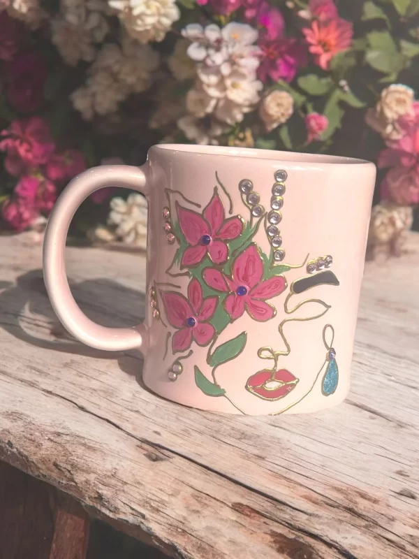 Hand-Painted Flower Face Mug with Rhinestone Accents - Image 4