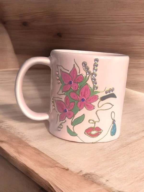 Hand-Painted Flower Face Mug with Rhinestone Accents - Image 5