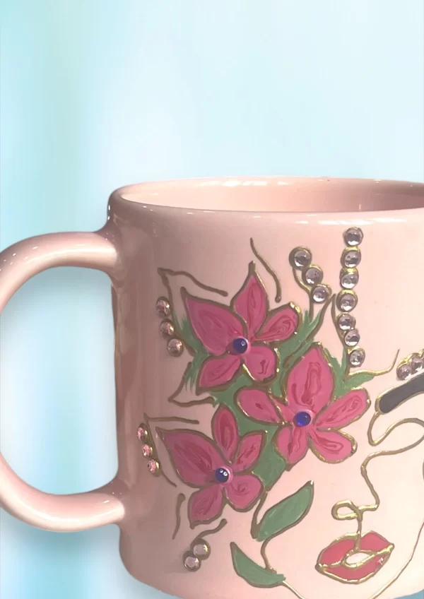 Hand-Painted Flower Face Mug with Rhinestone Accents - Image 2