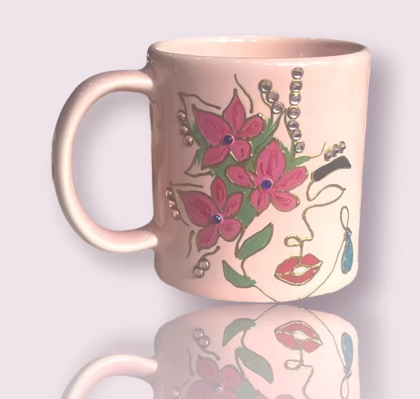 Hand-Painted Flower Face Mug with Rhinestone Accents