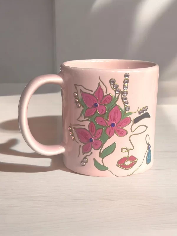 Hand-Painted Flower Face Mug with Rhinestone Accents - Image 6