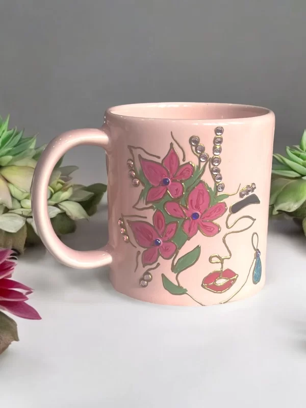 Hand-Painted Flower Face Mug with Rhinestone Accents - Image 3