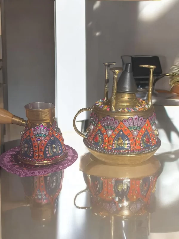 Hand-Painted Brass Coffee Pot with Crystal Studs - Egyptian Turkish Coffee Set