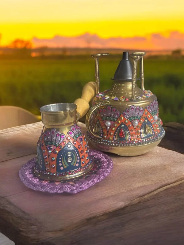 Hand-Painted Brass Coffee Pot with Crystal Studs - Egyptian Turkish Coffee Set - Image 5