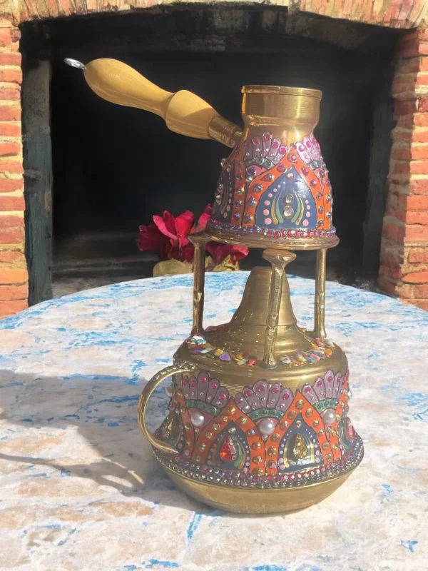 Hand-Painted Brass Coffee Pot with Crystal Studs - Egyptian Turkish Coffee Set - Image 6