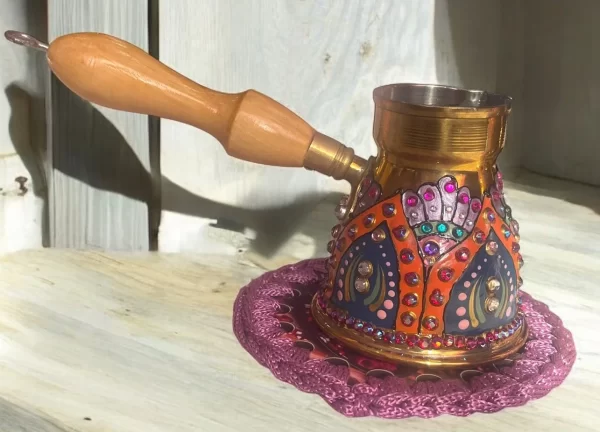 Hand-Painted Brass Coffee Pot with Crystal Studs - Egyptian Turkish Coffee Set - Image 3