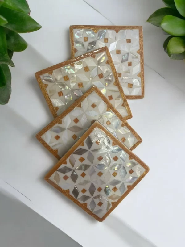Luxurious Mother-of-Pearl Coasters with Golden Accents – Set of 4